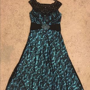 Black lace and teal prom dress